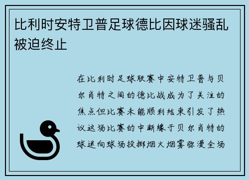 比利时安特卫普足球德比因球迷骚乱被迫终止